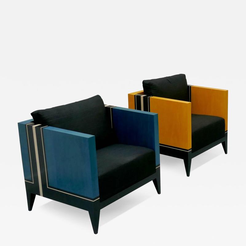Aymeric Lefort Pair of Blue and Yellow Marquetry Armairs Cube by Aymeric Lefort