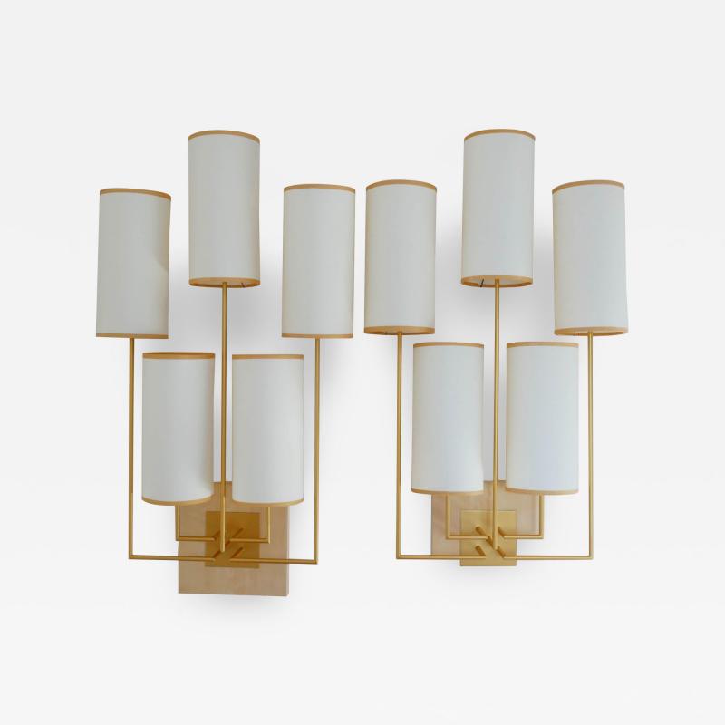 Aymeric Lefort Pair of Wall Lamp Sconce in Gold Patina and White Fabric Lamp Shades
