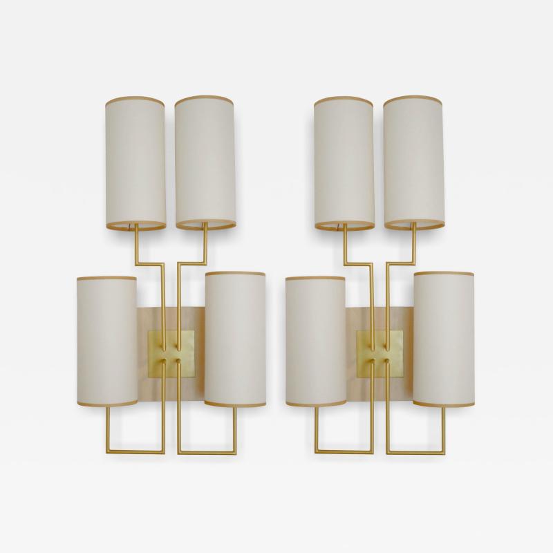 Aymeric Lefort Pair of Wall Lamp Sconce in Gold Patina and White Lamp Shades