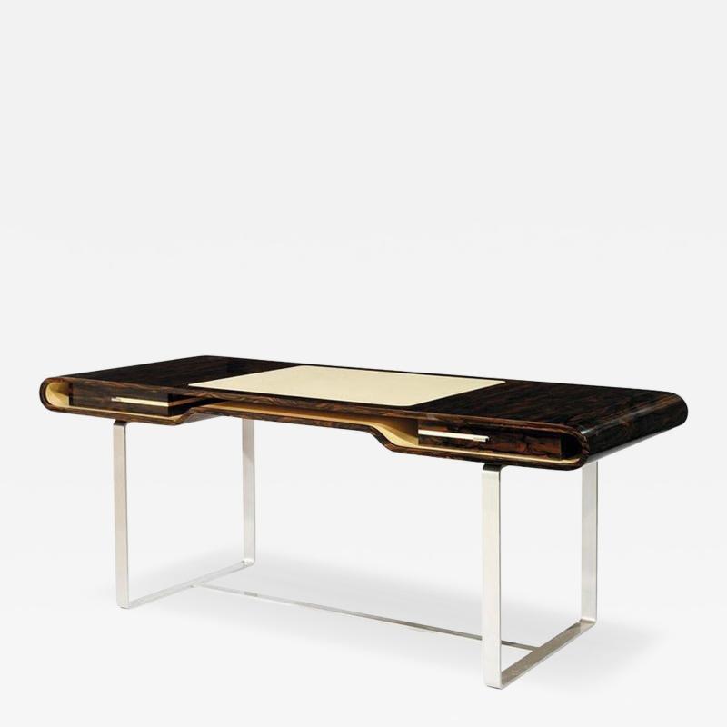Aymeric Lefort Shanghai Desk in Ziricotte Wood Leather Top and Silver Patined Leg