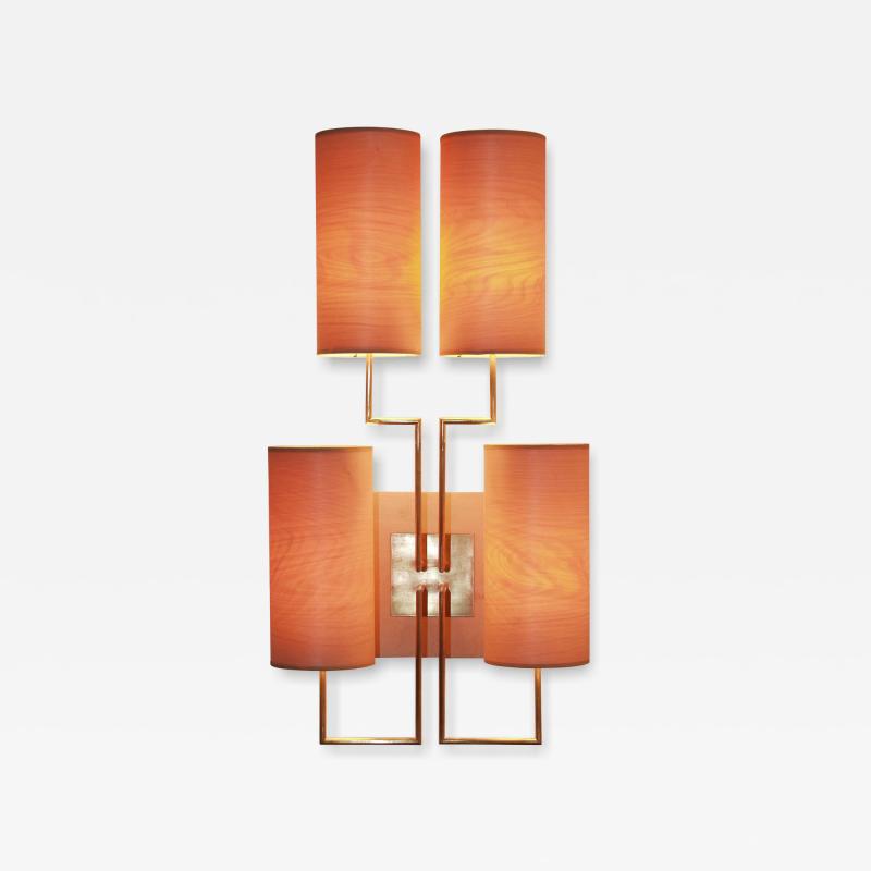 Aymeric Lefort Wall Lamp Sconce Tige4 Gold Bronze Patina Wooden Lampshades by Aymeric Lefort