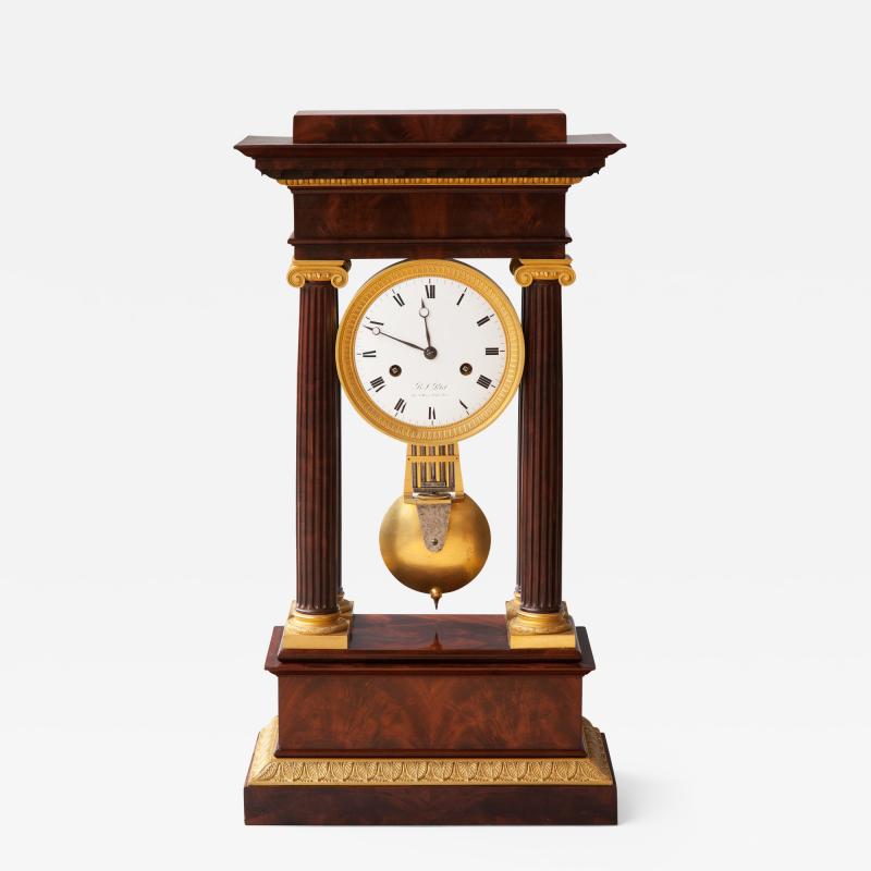 B L Petit Rue St Honor LARGE FRENCH EMPIRE FLAME MAHOGANY EIGHT DAY PORTICO CLOCK Circa 1810