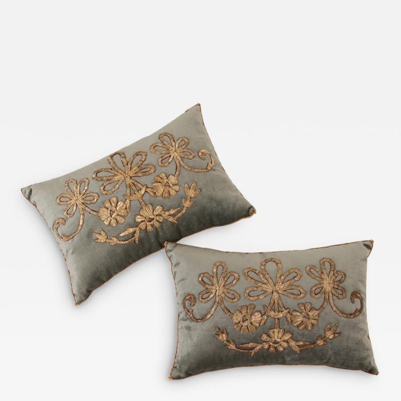 B VIZ Pair of Antique Raised Metallic Embroidery Pillows