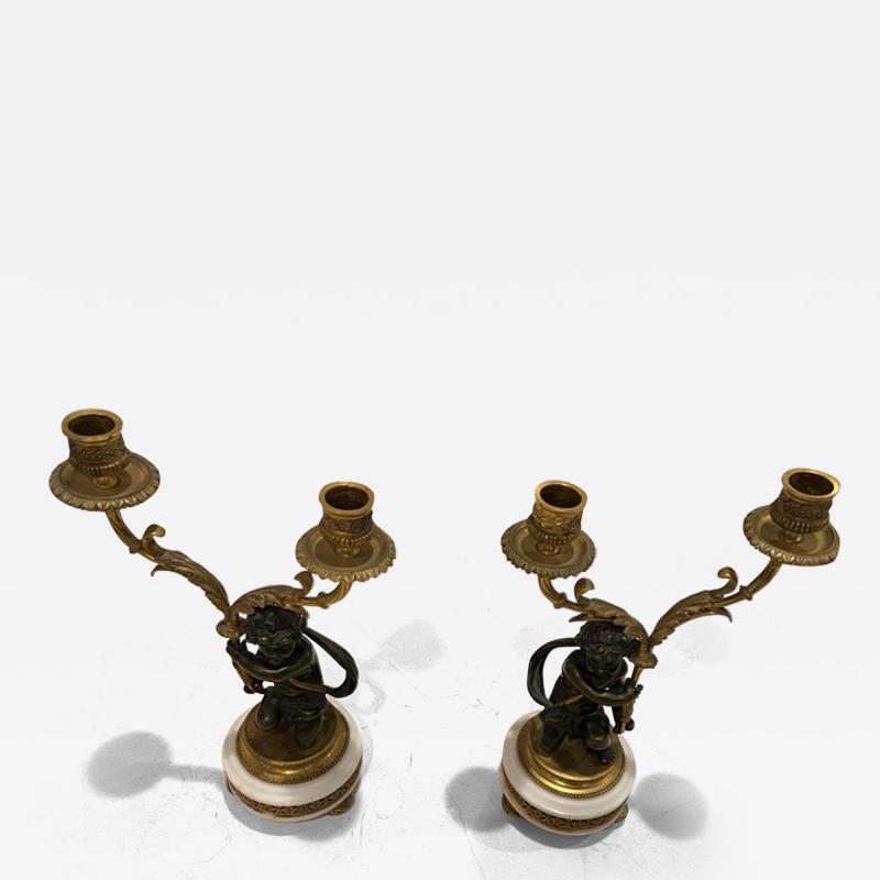 BEAUTIFUL ANTIQUE PAIR OF FRENCH DORE BRONZE AND BRONZE CHERUB CANDELABRA