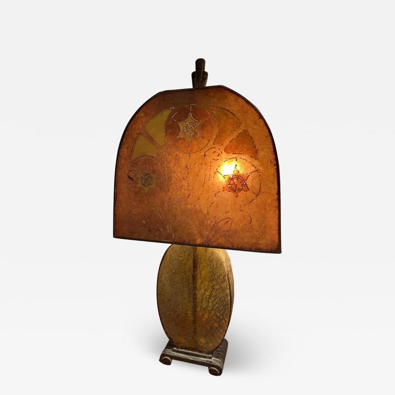 BEAUTIFUL ART DECO AMBER CRACKLE GLASS LAMP WITH MICA SHADE