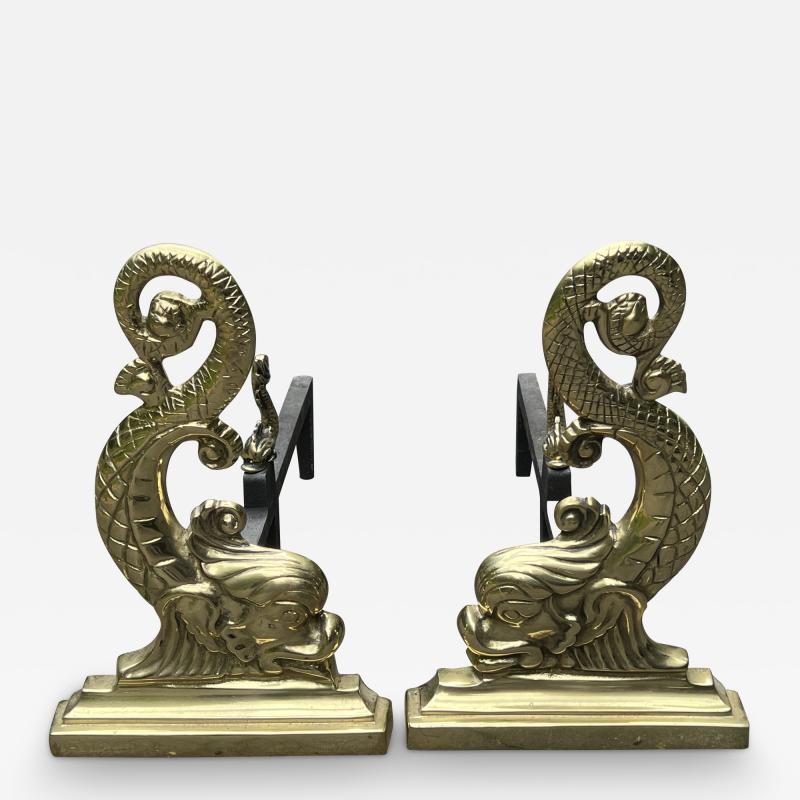 BEAUTIFUL ART DECO BRASS DOLPHIN ANDIRONS