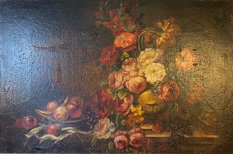 BEAUTIFUL FLOWERS AND FRUITS VICTORIAN ERA STILL LIFE PAINTING