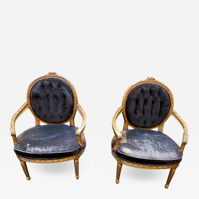 BEAUTIFUL GILT WOOD LOUIS XVI CARVED PAIR OF FAUTEUIL CHAIRS