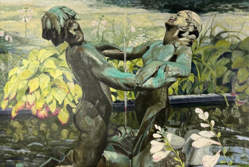 BEAUTIFUL LARGE SCALE PAINTING OF BRONZE FIGURAL FOUNTAIN FLOWERS IN GARDEN