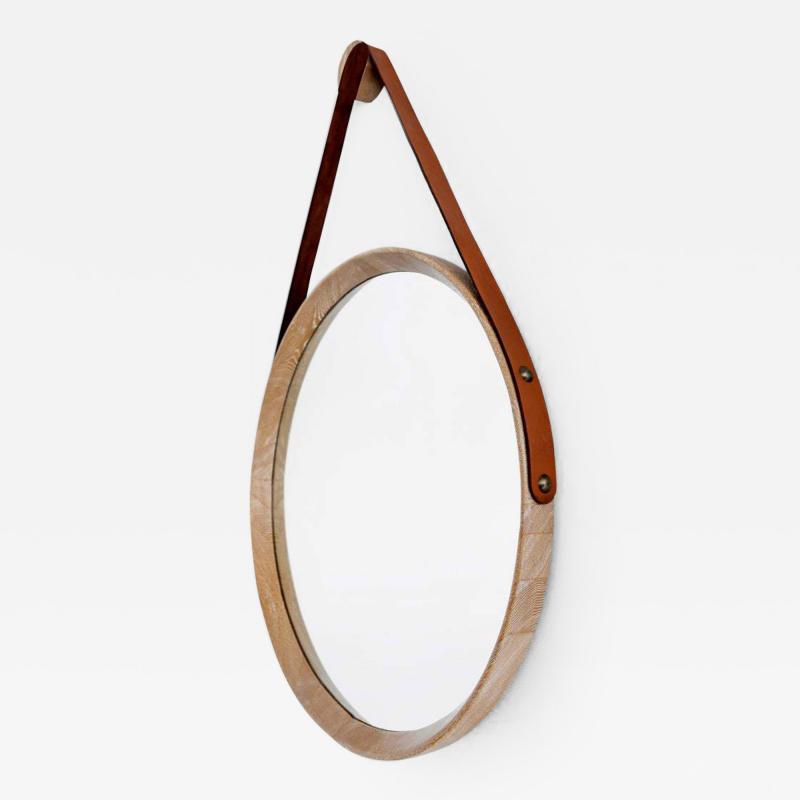 BEVERLY OAK AND LEATHER ROUND MIRROR CERUSED