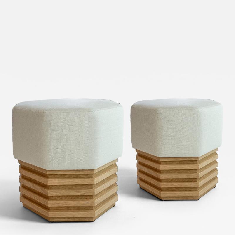 BK Limited Edition BK Antiques LLC Pair of Octagonal Upholstered Light Oak Stools