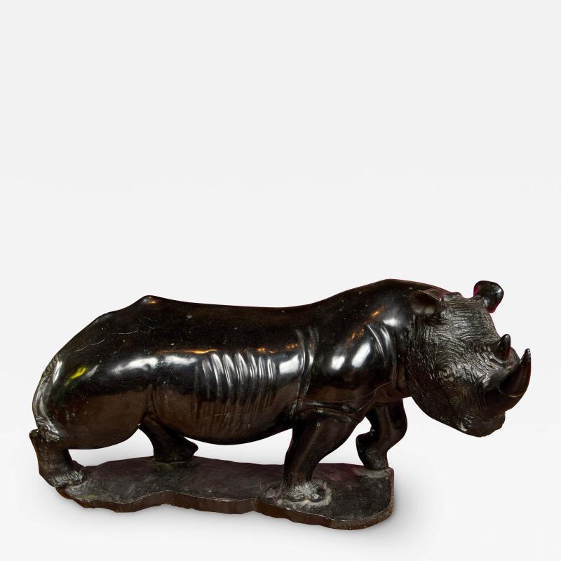 BLACK STONE CARVED RHINO SCULPTURE