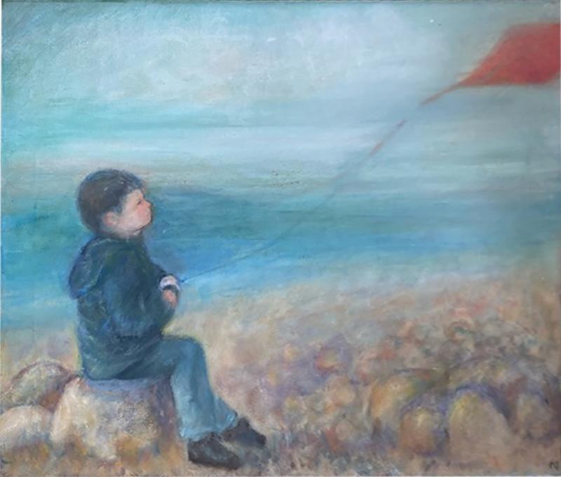 BOY WITH RED KITE BY SEASIDE PAINTING BY NORA GLANTZMAN