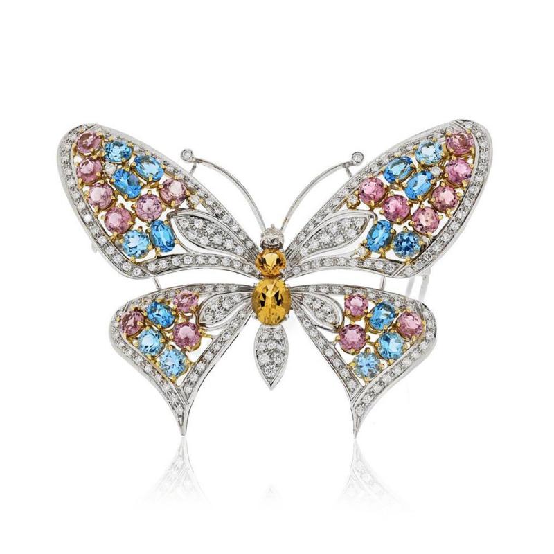 BUTTERFLY 18K WHITE GOLD MULTICOLOR GEMSTONE DIAMOND FRENCH BROOCH
