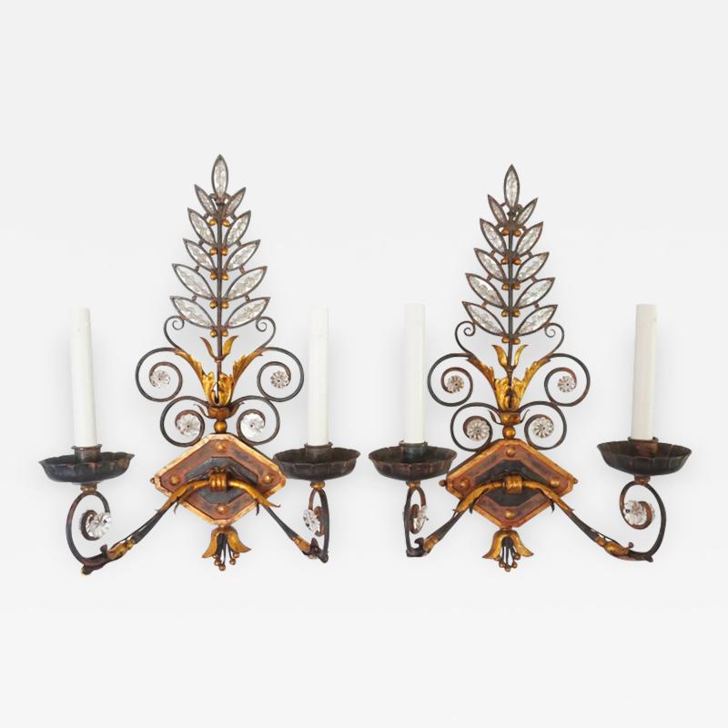 Bagu s Style Crystal and Wrought Iron Wall Sconces circa 1925