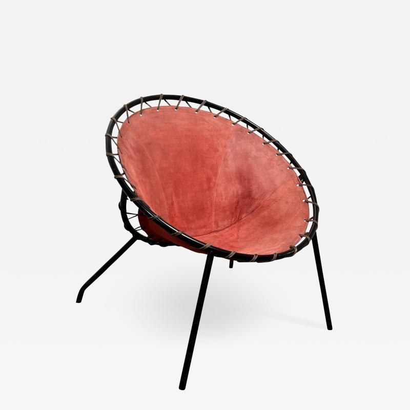 Balloon lounge chair by Hans Olsen Red Suede Metal Denmark circa 1960