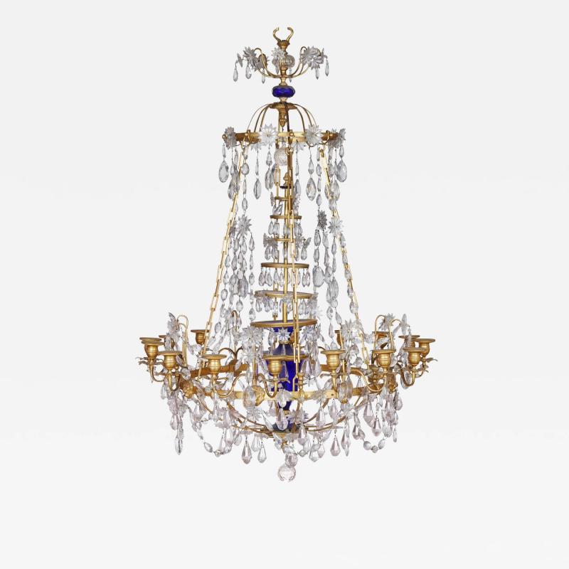 Baltic Neoclassical ormolu blue and amethyst glass 16 light chandelier