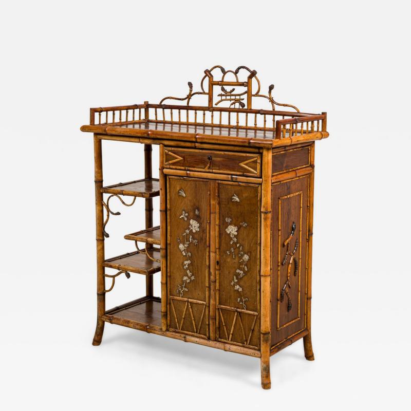 Bamboo 2 door cabinet with bone trim and side shelves and a back rail