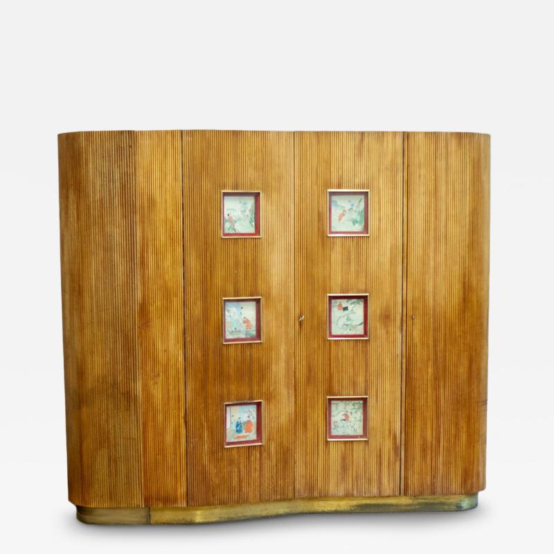 Bamboo Wardrobe Cabinet With Oriental Illustrations Italy Circa 1950