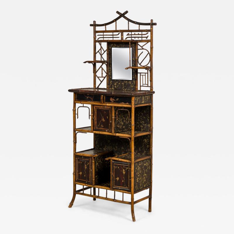 Bamboo and black lacquer etagere cabinet with rectangular mirror