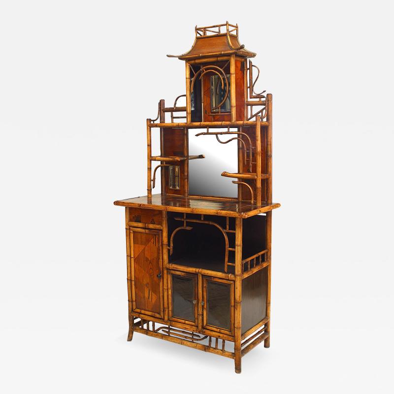 Bamboo and inlaid etagere with pagoda top and 3 doors