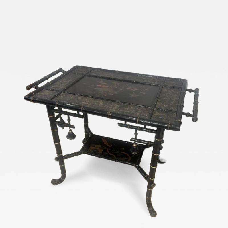 Bamboo black lacquered decorated table with handles and shelf