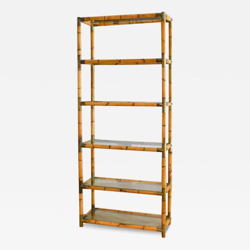 Bamboo bookcase with brass details and glass shelves 1980s