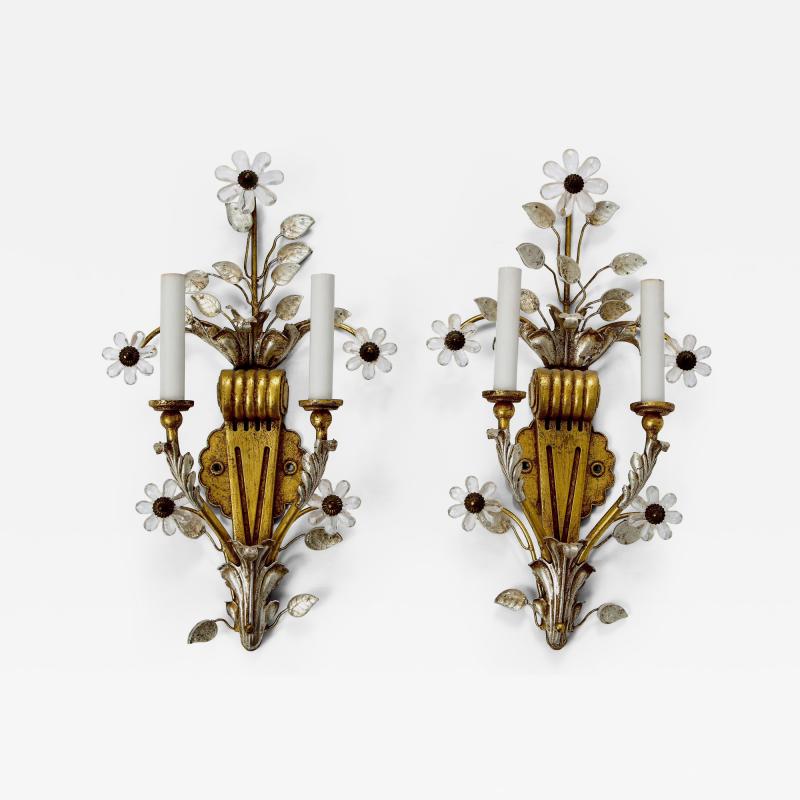 Banci Pair of Gilt and Silvered Bronze Banci Sconces with Rock Crystal Floral Motif 