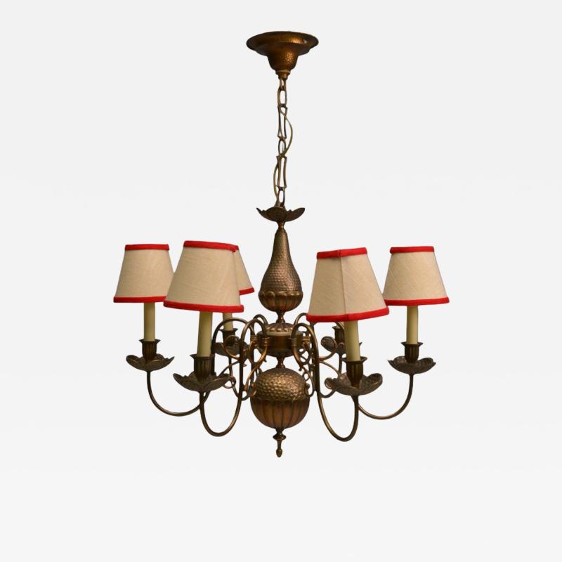 Baroque Hammered Brass Bronze Fabric Pendant Light 1950s