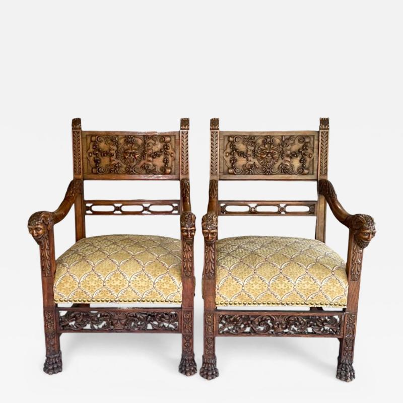 Baroque Revival Pair of Oak Armchairs