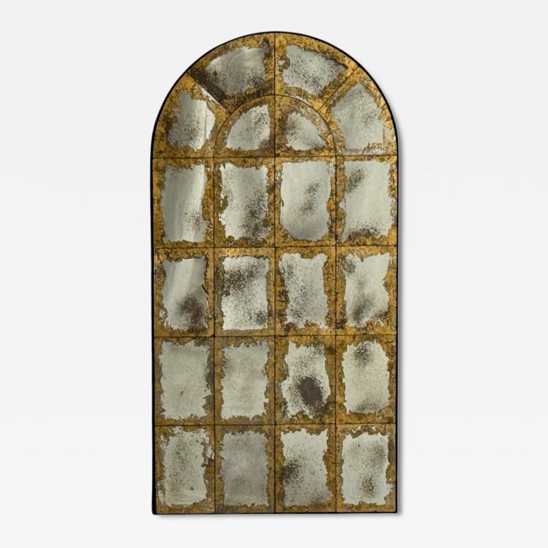 Baroque Style Eglomise Glass Arched Gold Wall Mirror Stained Wood