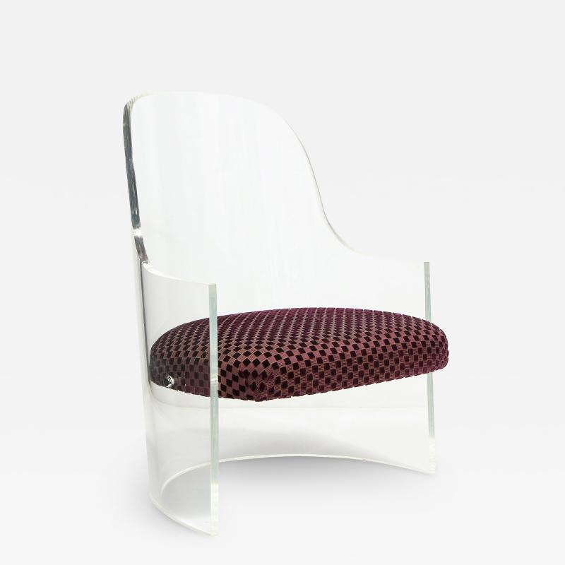Barrel Back Lounge Chair in Thick Lucite with Upholstered Seat 1970s