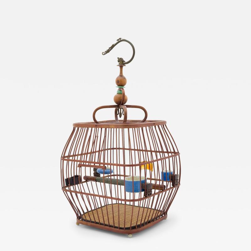 Barrel Form Birdcage with Blue Waterpots