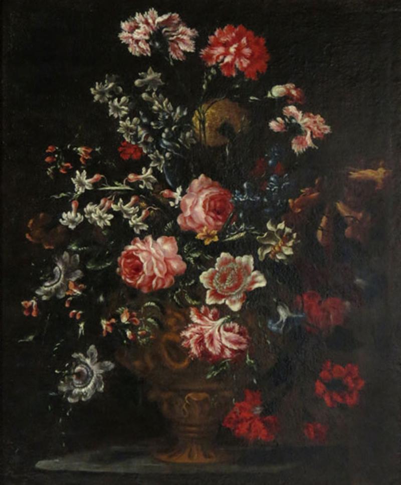 Bartolomeo Bimbi Bouquet of Carnations Roses and Hyacinths in an embossed Metal Vase