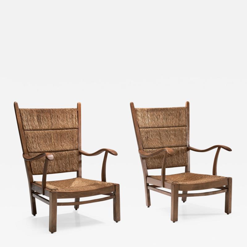 Bas Van Pelt Bas Van Pelt attr High Back Armchairs in Oak and Straw the Netherlands 1940s