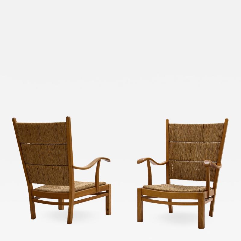 Bas Van Pelt Bas Van Pelt high back armchairs in beech and straw the Netherlands 1940s