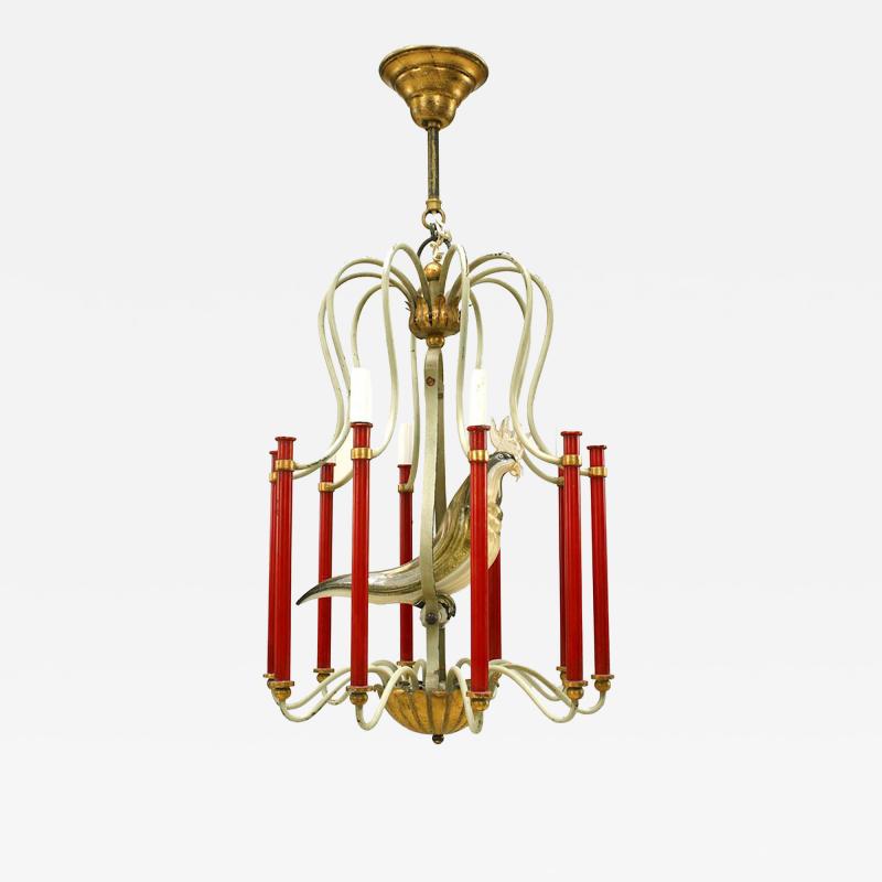 Bauges French Mid Century Metal and Murano Glass Bird Chandelier