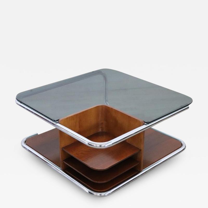 Bauhaus Style Walnut Glass and Chrome Square Coffee Table 1970s