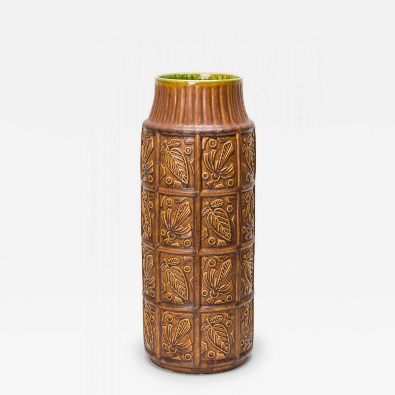 Bay Keramik West German Mid Century Leaf and Grid Incised Brown Glazed Ceramic V