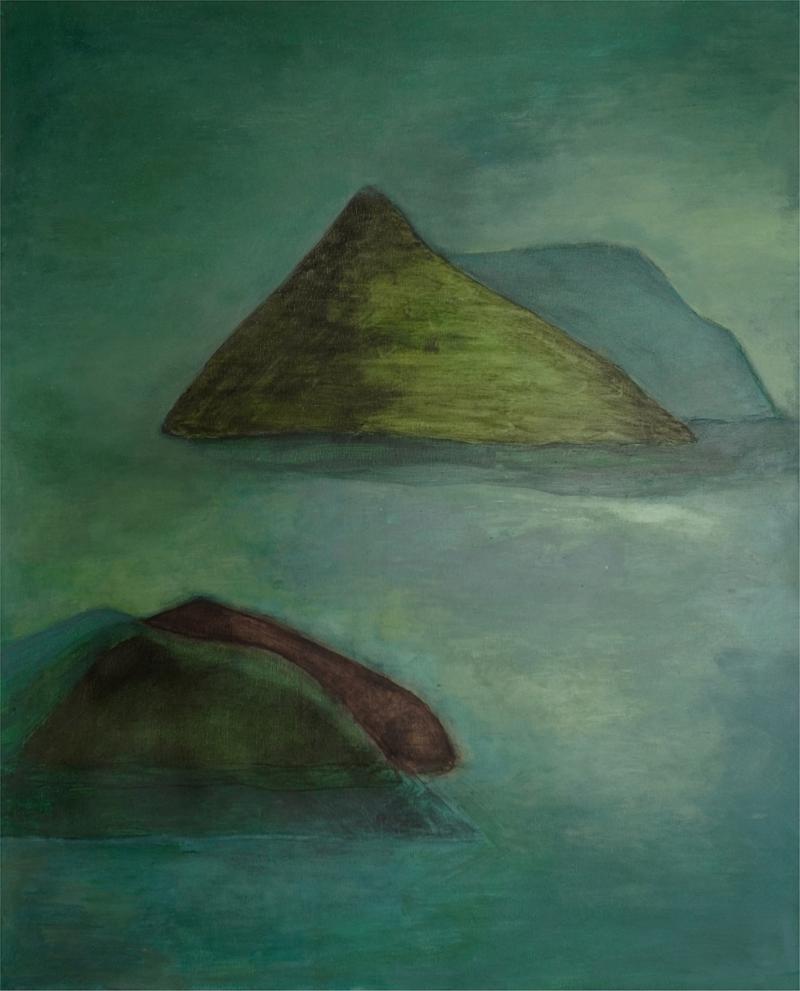 Beatrice Pontacq ISLANDS CLOUD MOUNTAINS GREEN Acrylic and charcoal painting on a linen canvas