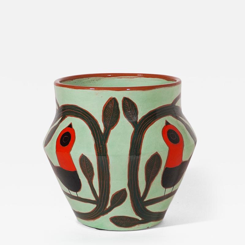 Beatriz Garrigo GREEN CERAMIC MID VASE B WITH RED AND BLACK BIRDS