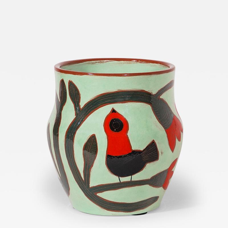 Beatriz Garrigo GREEN CERAMIC MID VASE D WITH RED AND BLACK BIRDS