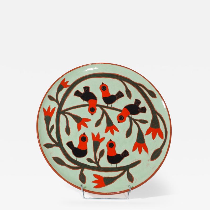 Beatriz Garrigo GREEN CERAMIC WIDE PLATE WITH BLACK AND RED BIRDS