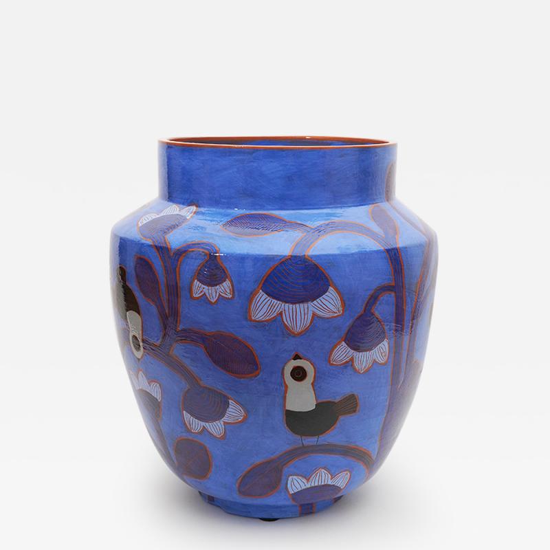 Beatriz Garrigo IMPORTANT INDIGO CERAMIC VASE WITH BLACK AND BLUE BIRDS