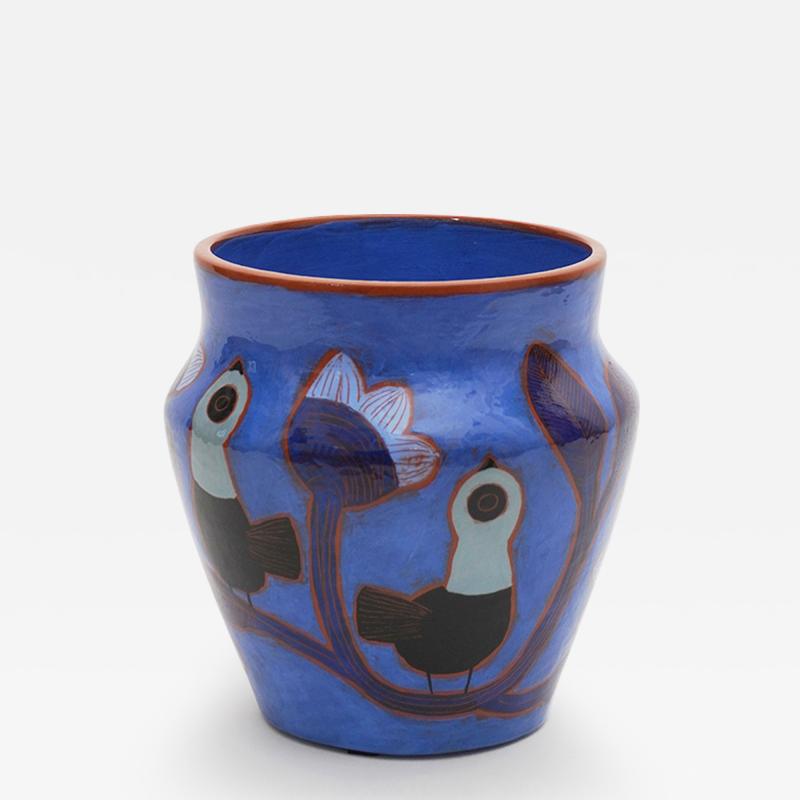 Beatriz Garrigo INDIGO CERAMIC MID VASE B WITH BLACK AND BLUE BIRDS