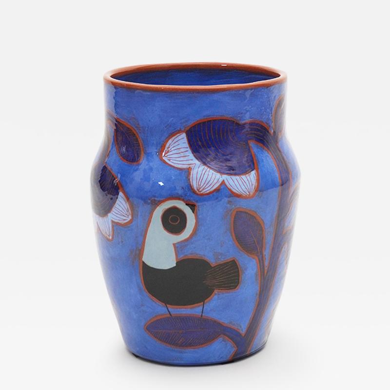 Beatriz Garrigo INDIGO CERAMIC MID VASE D WITH BLACK AND BLUE BIRDS