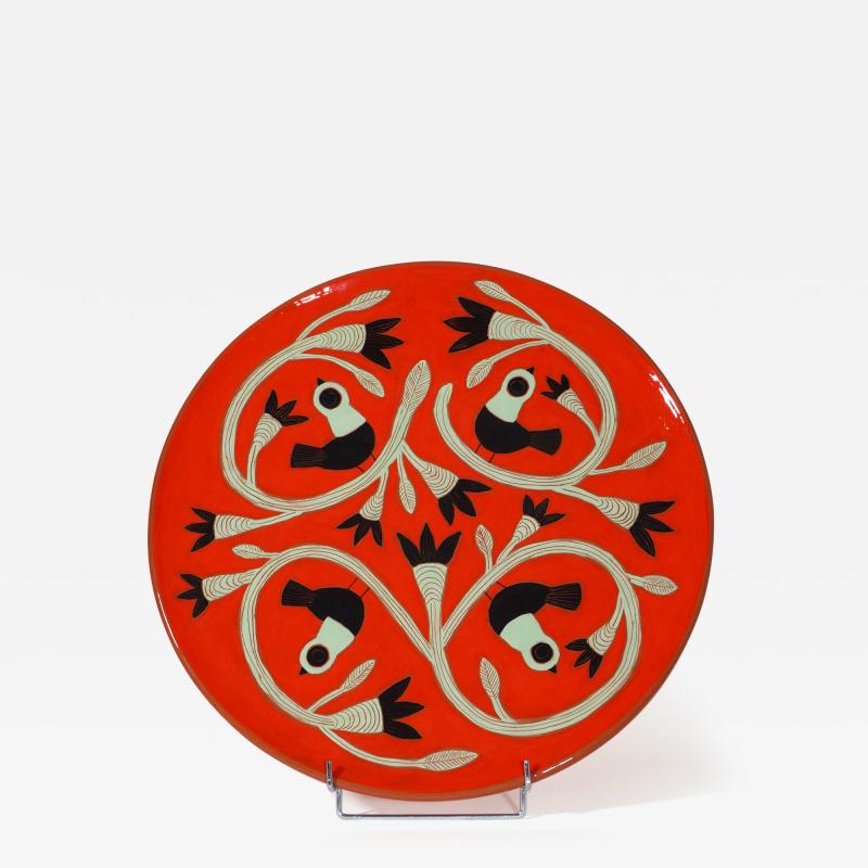 Beatriz Garrigo RED CERAMIC WIDE PLATE WITH BLACK AND GREEN BIRDS