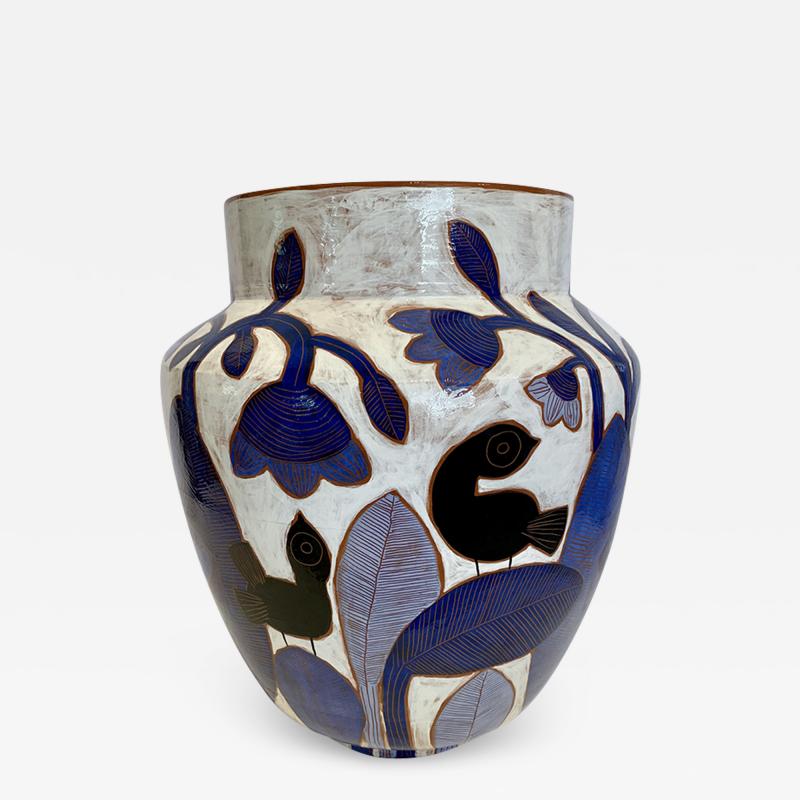 Beatriz Garrigo VASE WITH BLUE FLOWERS BLACK BIRDS Ceramic vase