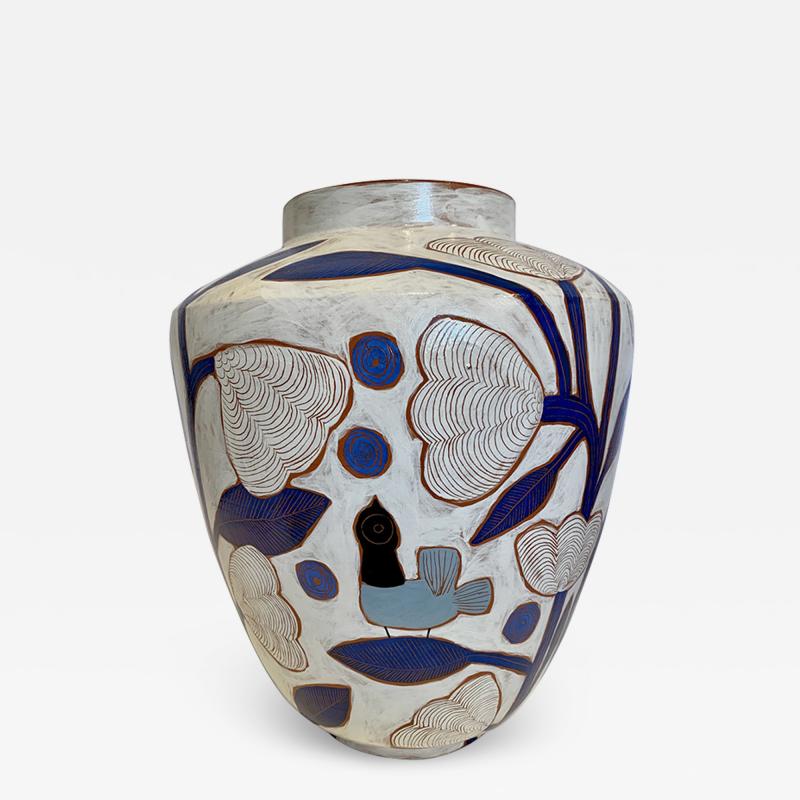 Beatriz Garrigo VASE WITH WHITE FLOWERS BLUE BIRDS Ceramic vase