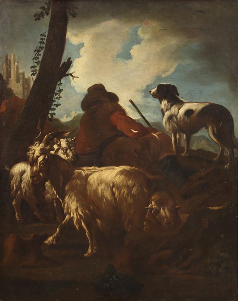 Beautiful 17th century landscape painting with shepherd and flock